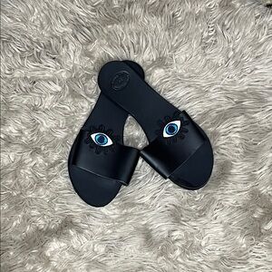 Black Slide Sandals with Blue Eye Accent Greek Leather 8.5